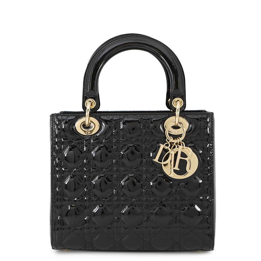 Christian Dior Lady Cannage Patent Vernis Leather Handbag Black Bag
